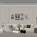 Classic Living Room Interior With Decorative Wall Panels Framed Artworks Clock Tufted Sofa And Sculpture