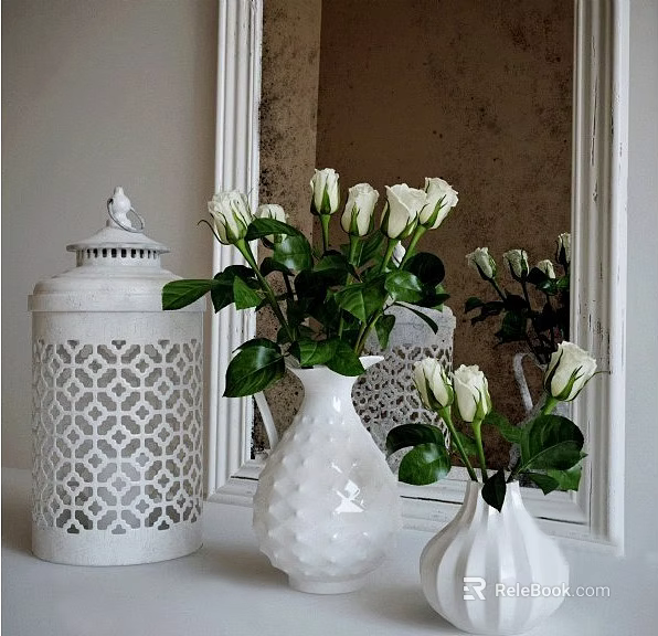 White Ceramic Vases With Fresh White Roses And Green Leaves For Home Decor 3d model 