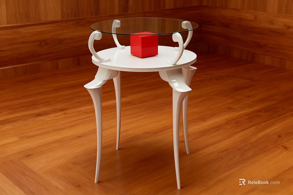 Round White Dining Table With Glass Top Curved Legs And Red Cube On Wooden Floor 3d model 