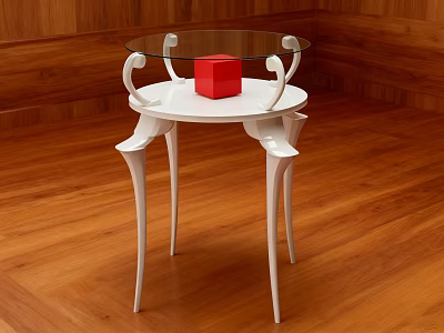 Round White Dining Table With Glass Top Curved Legs And Red Cube On Wooden Floor 3d model