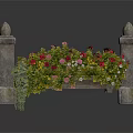 Ornate Stone Flower Shelf With Decorative Columns And Colorful Pink Yellow White Blooms