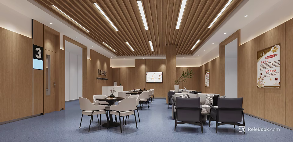 Modern Hospital Outpatient Clinic Interior With Wooden Ceiling And Waiting Area Seats 3d model 