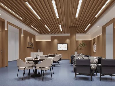 Modern Hospital Outpatient Clinic Interior With Wooden Ceiling And Waiting Area Seats 3d model