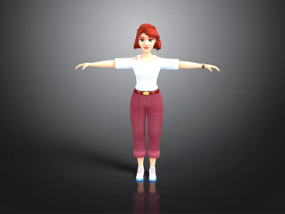 3D Female Character With Red Hair White Top Maroon Pants Arms Outstretched On Gray Background 3d model