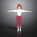 3D Female Character With Red Hair White Top Maroon Pants Arms Outstretched On Gray Background