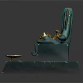 Ornate Teal Throne With Golden Bull Horn Armrests Steps And Decorative Bowls