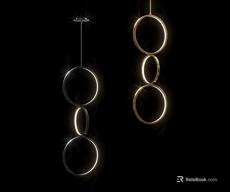 Modern Circular Chandeliers with Silver and Gold Glowing Rings Hanging in Black Background 3d model 