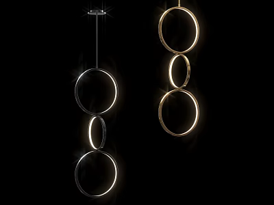 Modern Circular Chandeliers with Silver and Gold Glowing Rings Hanging in Black Background 3d model