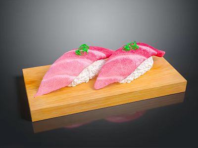 Two Pieces of Pink Sushi Placed on Wooden Board With Green Garnish 3d model