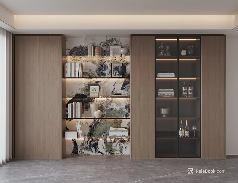 Modern Study Room Interior With Open Bookshelves Glass Door Bookcases Wooden Cabinets And Decorative Items 3d model 