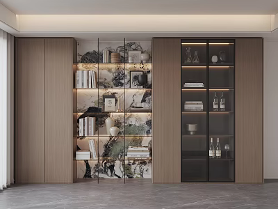 Modern Study Room Interior With Open Bookshelves Glass Door Bookcases Wooden Cabinets And Decorative Items 3d model