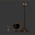 Vintage Decorative Equipment Including Globe Floor Candelabra Metal Stand And Glass Jar On Dark Background