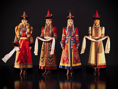 Group of Women Wearing Traditional Mongolian Colorful Robes Hats and White Scarves 3d model