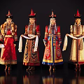 Group of Women Wearing Traditional Mongolian Colorful Robes Hats and White Scarves