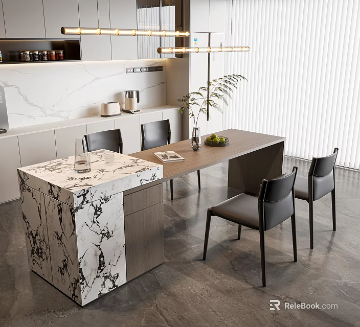 Modern Restaurant Interior Design With Marble Island Wooden Table Black Chairs And Pendant Lights 3d model 