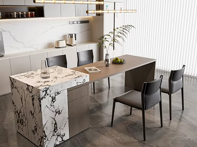 Modern Restaurant Interior Design With Marble Island Wooden Table Black Chairs And Pendant Lights 3d model