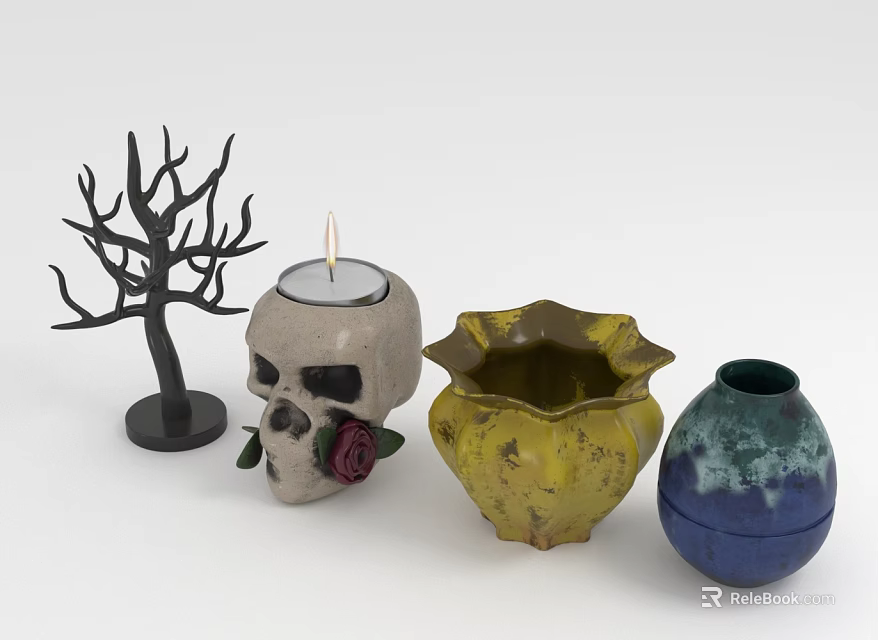 Decorative Ornament Set with Black Tree Branch Skull Candle Holder Yellow Pot Blue Green Vase 3d model 