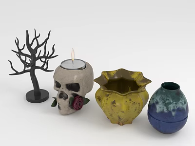 Decorative Ornament Set with Black Tree Branch Skull Candle Holder Yellow Pot Blue Green Vase 3d model