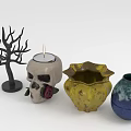 Decorative Ornament Set with Black Tree Branch Skull Candle Holder Yellow Pot Blue Green Vase