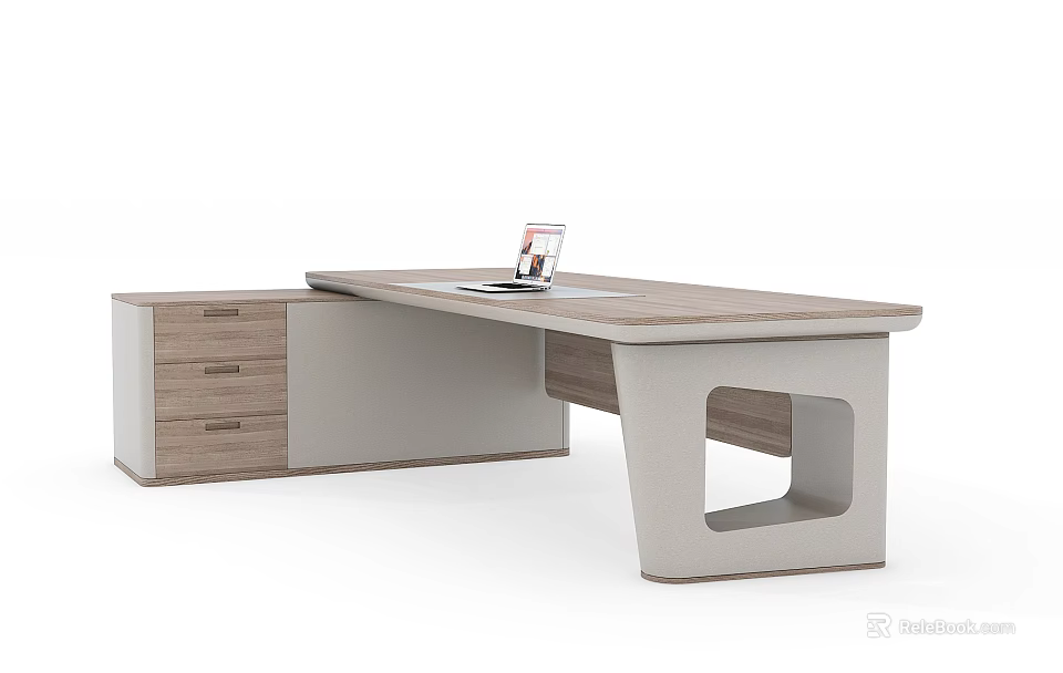 Modern Office Desk With Wooden Top And Side Drawer Cabinet In Minimalist Design 3d model 