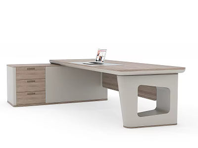 Modern Office Desk With Wooden Top And Side Drawer Cabinet In Minimalist Design 3d model