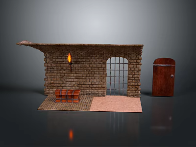 Brick Wall Structure Featuring Fireplace Arched Gate Wooden Door Bench And Rug 3d model