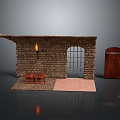 Brick Wall Structure Featuring Fireplace Arched Gate Wooden Door Bench And Rug
