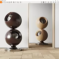 Brown And Wooden Stacked Spherical Sculpture Carving With Hollow Design Metal Base And Light Background
