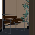 Stylish Leisure Chair With Metal Frame And Leather Seat By Wooden Wall And Plant