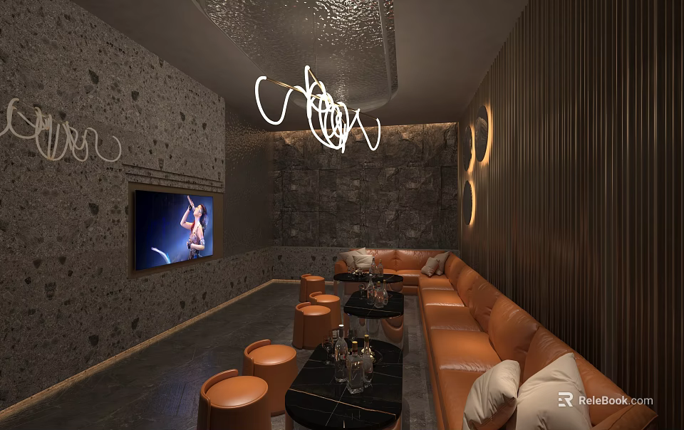 Stylish KTV Interior Design With Orange Sofas TV Screen Modern Chandelier And Stone Walls 3d model 
