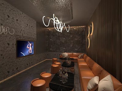 Stylish KTV Interior Design With Orange Sofas TV Screen Modern Chandelier And Stone Walls 3d model