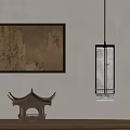 Traditional Chinese Interior Decor With Architectural Model Hanging Lamp And Wall Painting