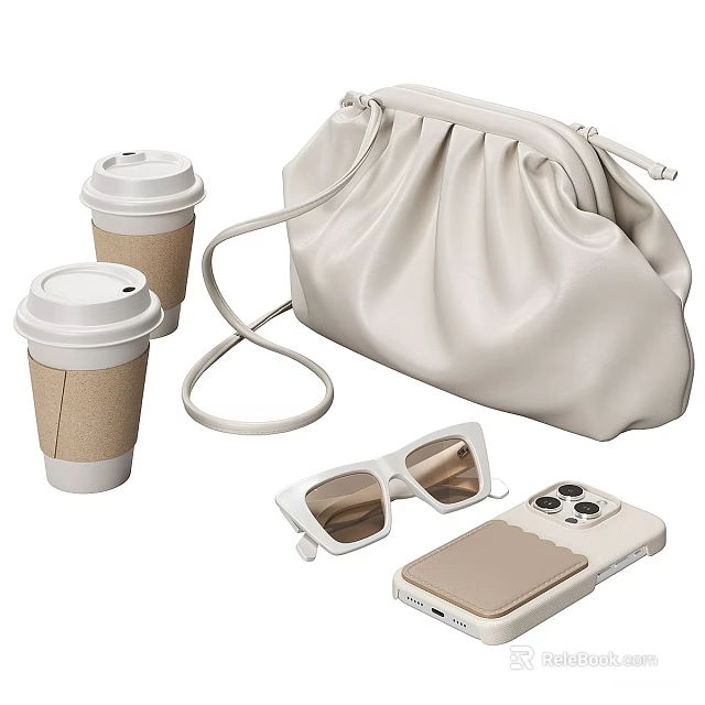Minimalist Accessory Set with Beige Leather Clutch White Sunglasses Two Coffee Cups and Mobile Phone 3d model 