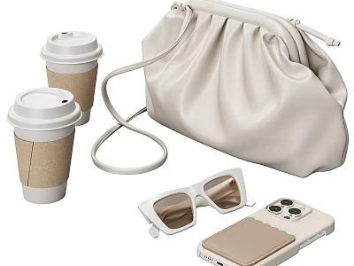 Minimalist Accessory Set with Beige Leather Clutch White Sunglasses Two Coffee Cups and Mobile Phone 3d model
