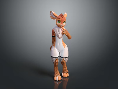 3D Fox Sculpture With Orange White Fur Green Eyes And Standing Pose Details 3d model