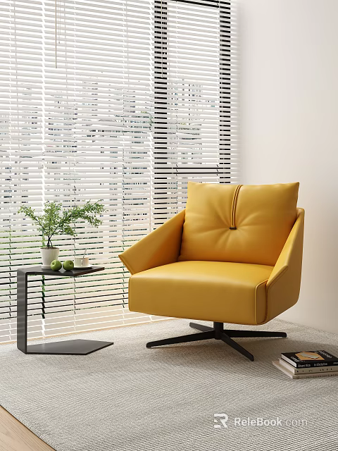 Modern Yellow Leather Single Sofa With Side Table And Green Plant By Blinds 3d model