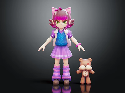 Cat Eared Girl In Purple Dress With Blue Top And Striped Socks Beside Teddy Bear 3d model