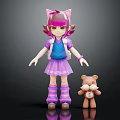 Cat Eared Girl In Purple Dress With Blue Top And Striped Socks Beside Teddy Bear