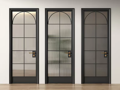 Three Modern Black Hinged Doors with Glass Panels and Brass Handles 3d model