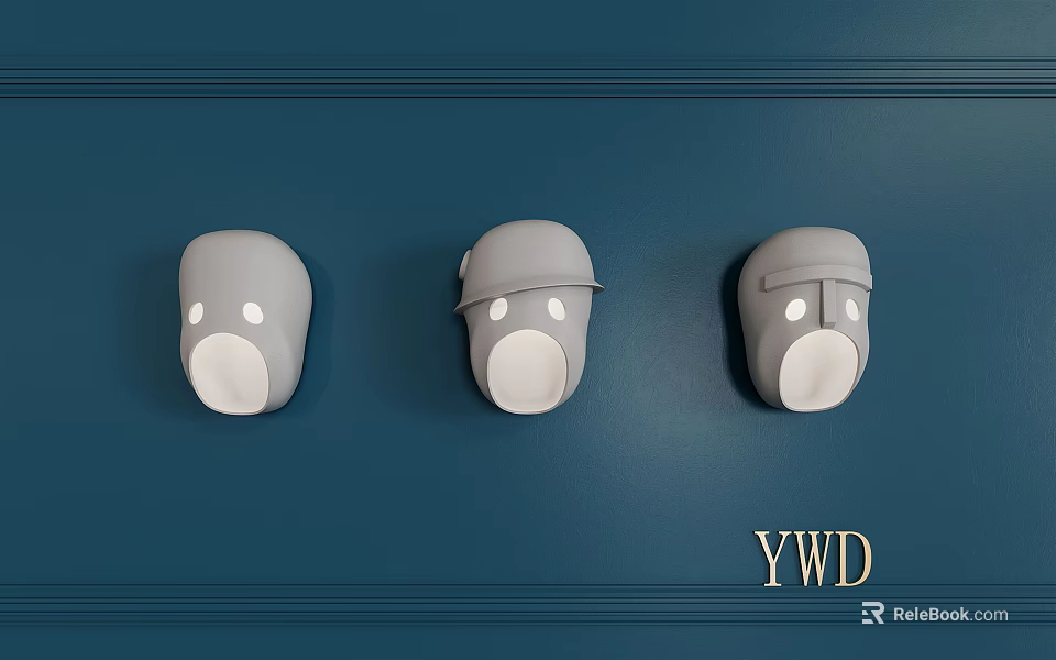 Three Modern Minimalist Gray Wall Sconces Mounted On Deep Blue Wall With Sleek Design 3d model