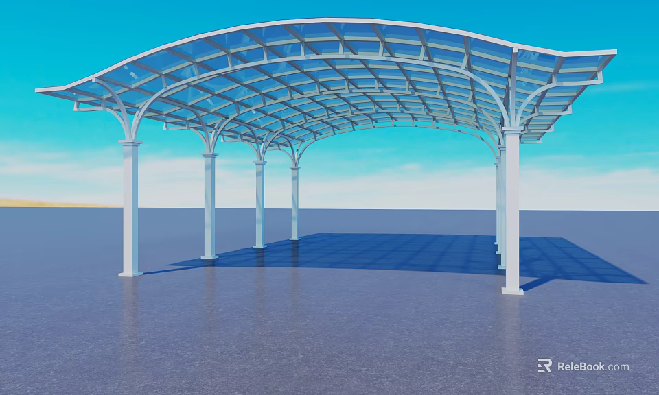 Modern Outdoor Parking Lot With Glass Canopy And White Pillar Structure 3d model 