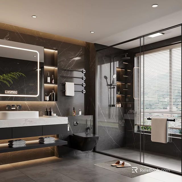 Modern Bathroom With Marble Walls Backlit Mirror Walk-in Shower Vanity And Potted Plant 3d model 
