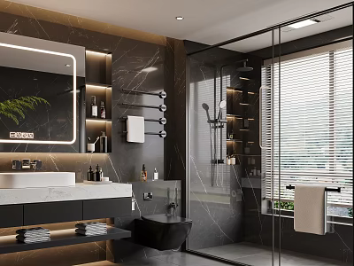 Modern Bathroom With Marble Walls Backlit Mirror Walk-in Shower Vanity And Potted Plant 3d model