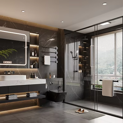 Modern Bathroom With Marble Walls Backlit Mirror Walk-in Shower Vanity And Potted Plant 3d model