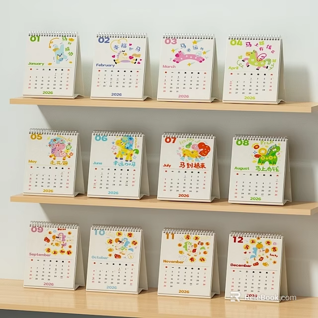 Ornament Decoration Set Featuring Colorful Monthly Calendar Designs On Wooden Shelves With Cartoon Patterns 3d model 
