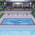 Residential Landscape Featuring Large Swimming Pool Lush Trees And Lounge Chairs