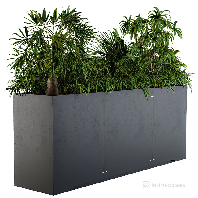 Bonsai Potted Plants In Gray Concrete Rectangular Container With Lush Green Foliage 3d model