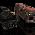 Old Red Vintage Bus and Burnt Black Damaged Bus on Reflective Surface