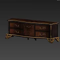 Vintage Wooden TV Stand With Ornate Gold Handles Multiple Drawers And Decorative Legs