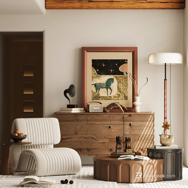 Elegant Wooden Console Side Cabinet with Decorative Painting Table Lamp and Vase 3d model 